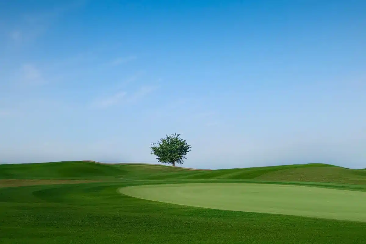 An empty tournament hospitality tent with unattended, unbranded golf bags and a lone golf cart by a quiet fairway; no visible logos or faces, morning light and overcast sky