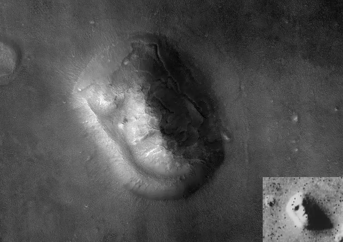 Wide anonymous landscape on Mars with a small, unbranded rover silhouette in the distance and a cluster of tiny reflective sample tubes on the ground in the foreground, no identifiable logos