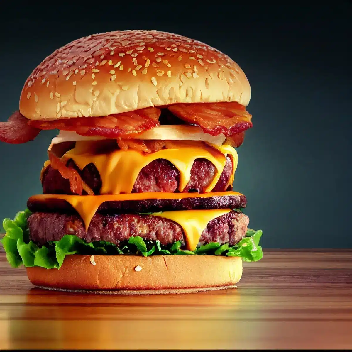 A close-up of an unbranded tray holding a plain double cheeseburger patty stack and a paper napkin, on a wood table in a casual dining setting