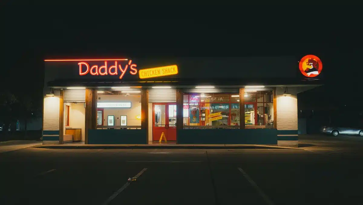 Nighttime view of an anonymous fast-food restaurant exterior with a proposed drive-thru lane, empty sidewalk and nearby residential street