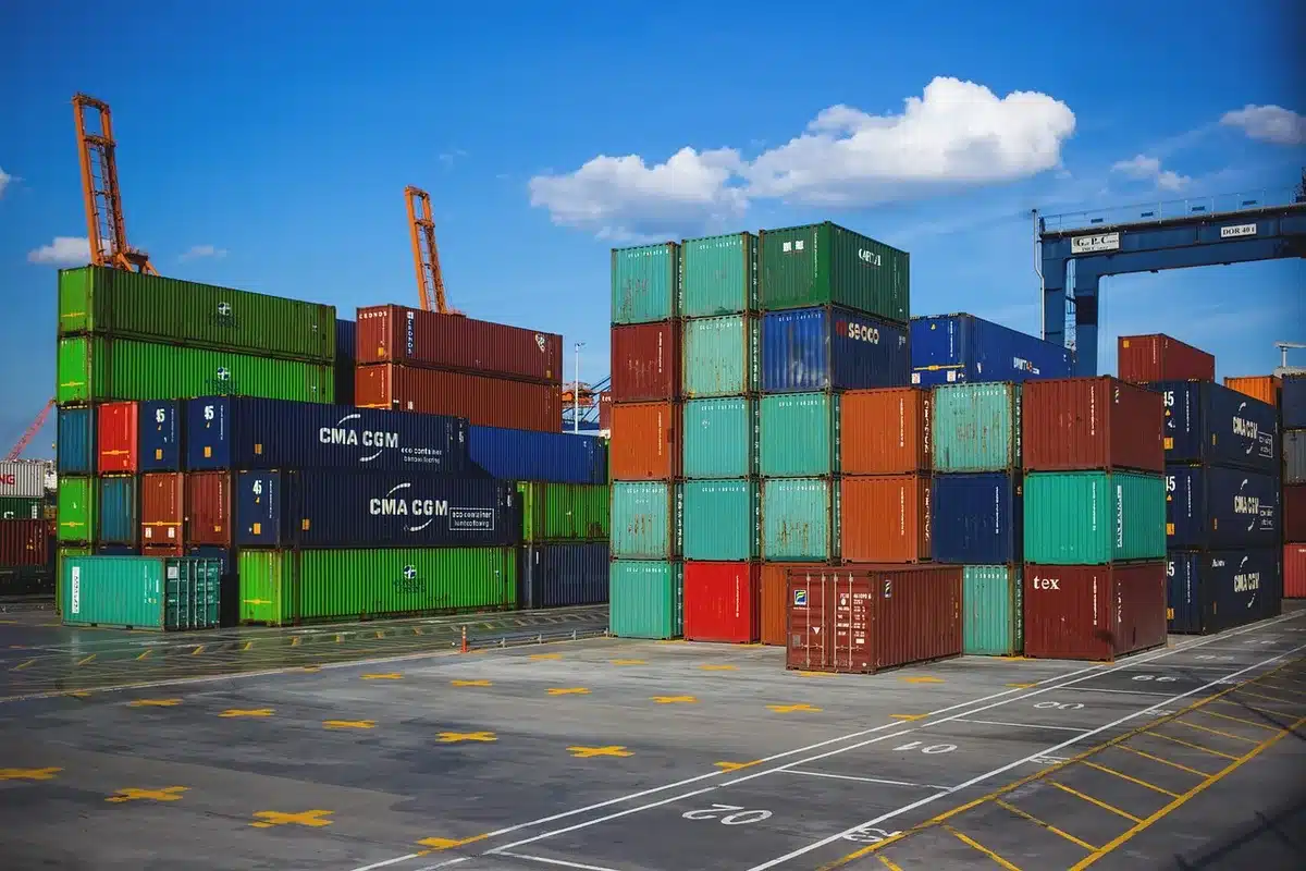 A manufacturing floor or warehouse with stacked export goods and shipping containers, emphasizing the scale of Mexican manufacturing and export operations