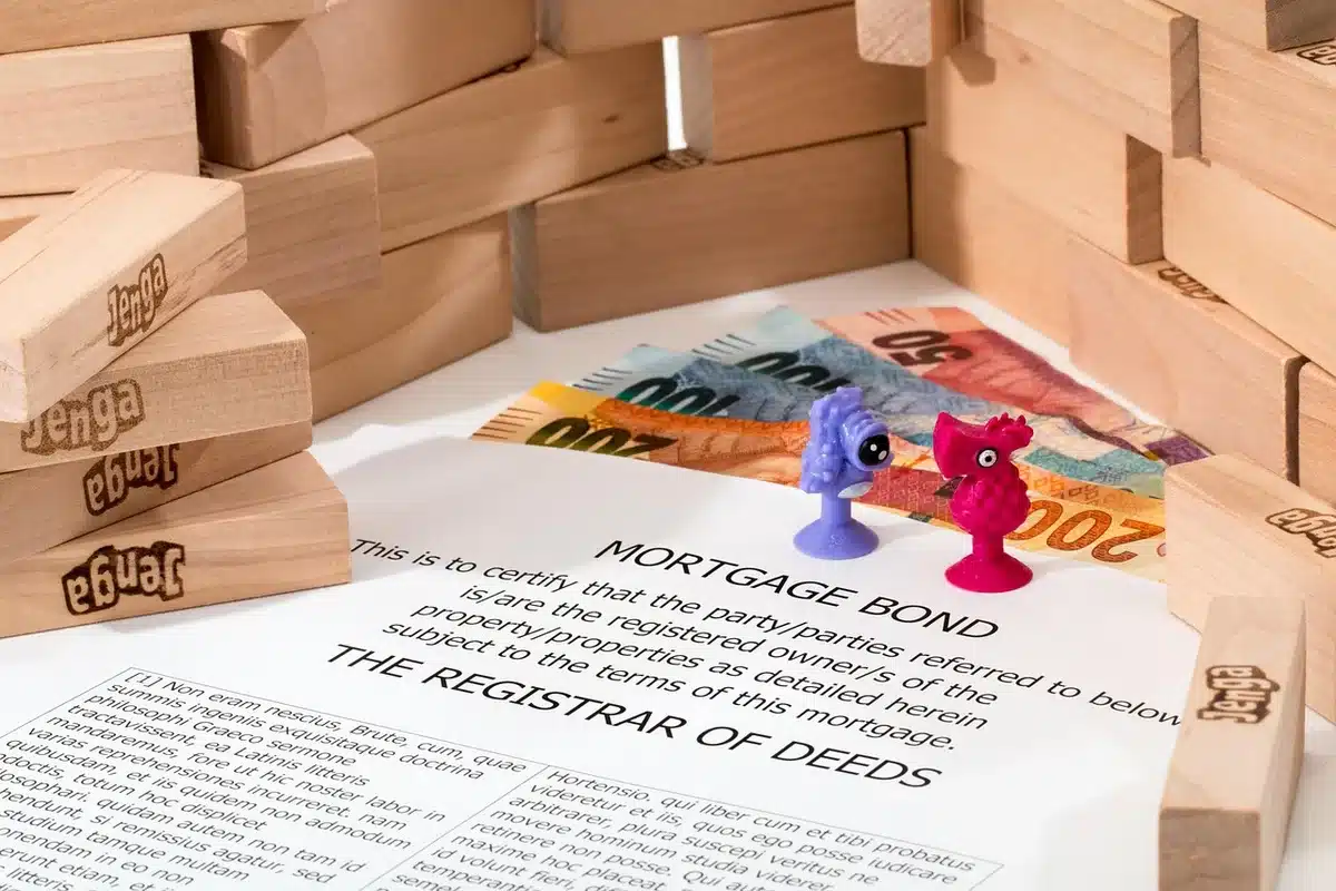 A close-up of anonymous hands fanning a few printed loan-estimate pages at a kitchen table, a laptop screen blurred in the background