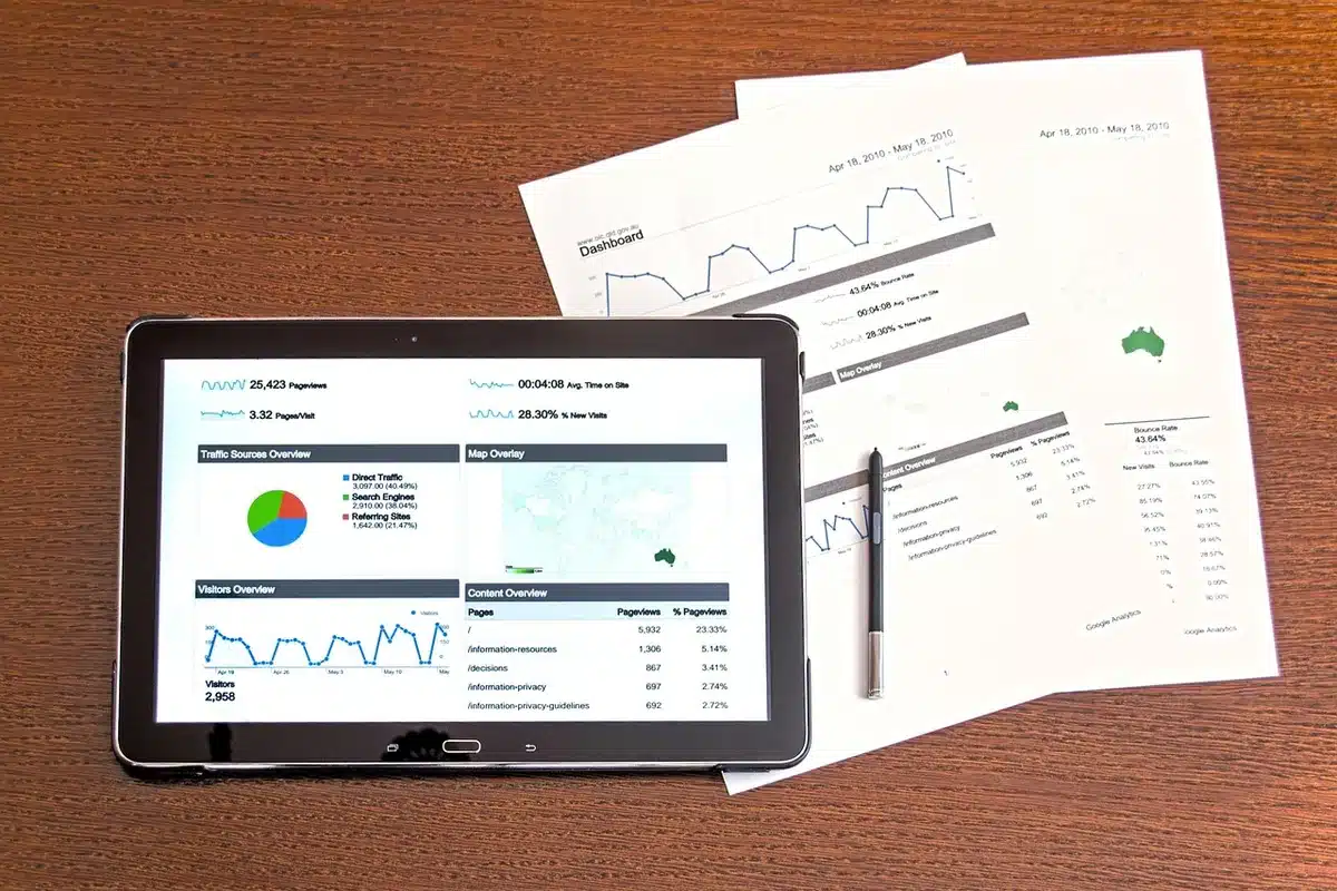 Spreadsheet with financial data and charts displayed on a computer monitor, blue and green color scheme, numbers and graphs visible, business analysis