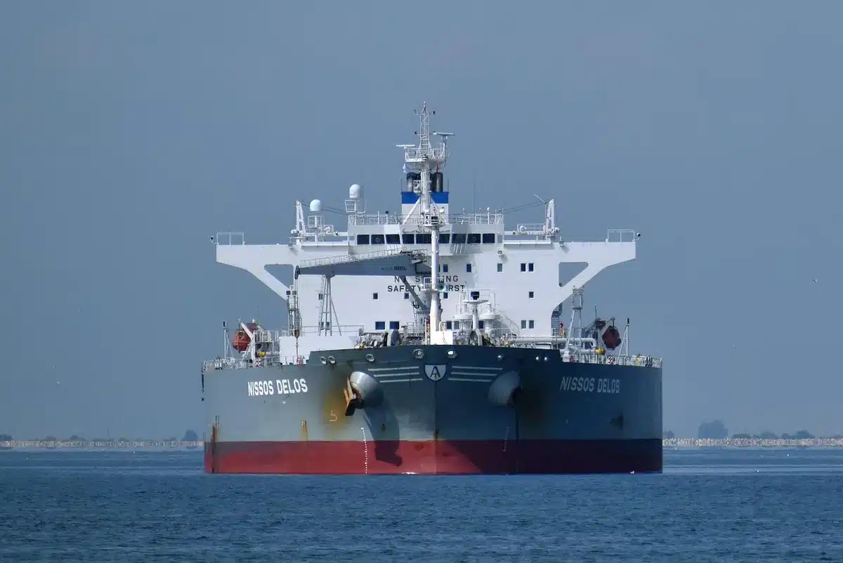 Strait of Hormuz shipping lanes with tankers, showing critical maritime infrastructure