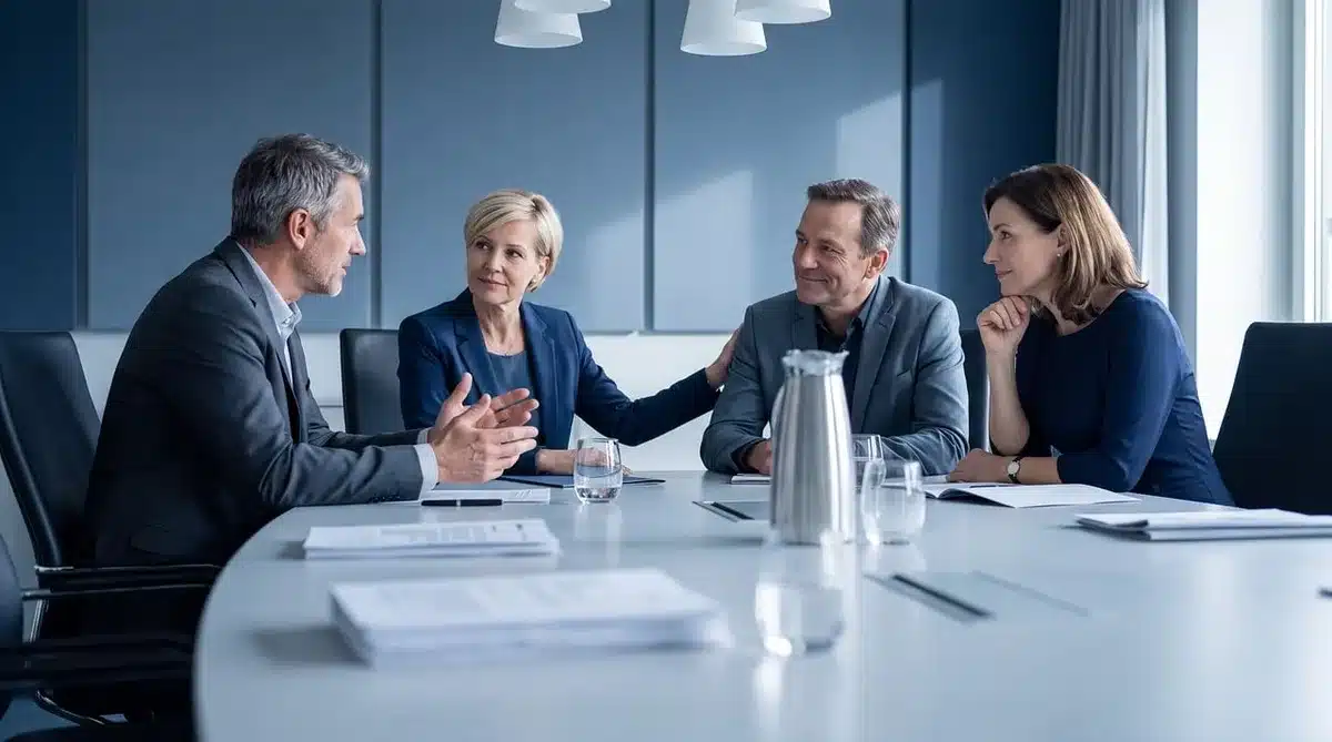 A corporate boardroom with modern furnishings and a long conference table, soft natural light streaming through floor-to-ceiling windows overlooking a city skyline, empty executive chair at the head of the table