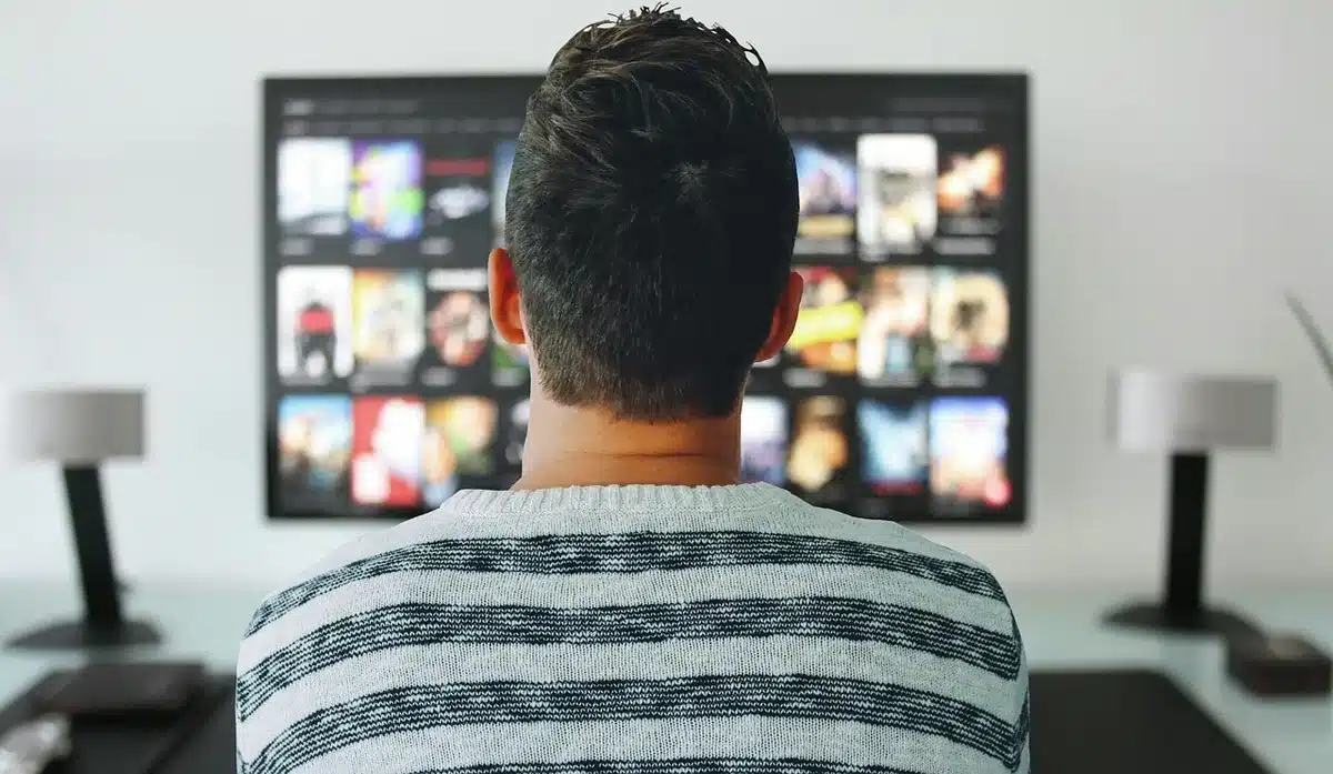 A dimly lit living room with an anonymous silhouetted figure watching a football game on a glowing TV; the screen shows an unbranded political ad in silhouette, remote in hand, tension in the posture