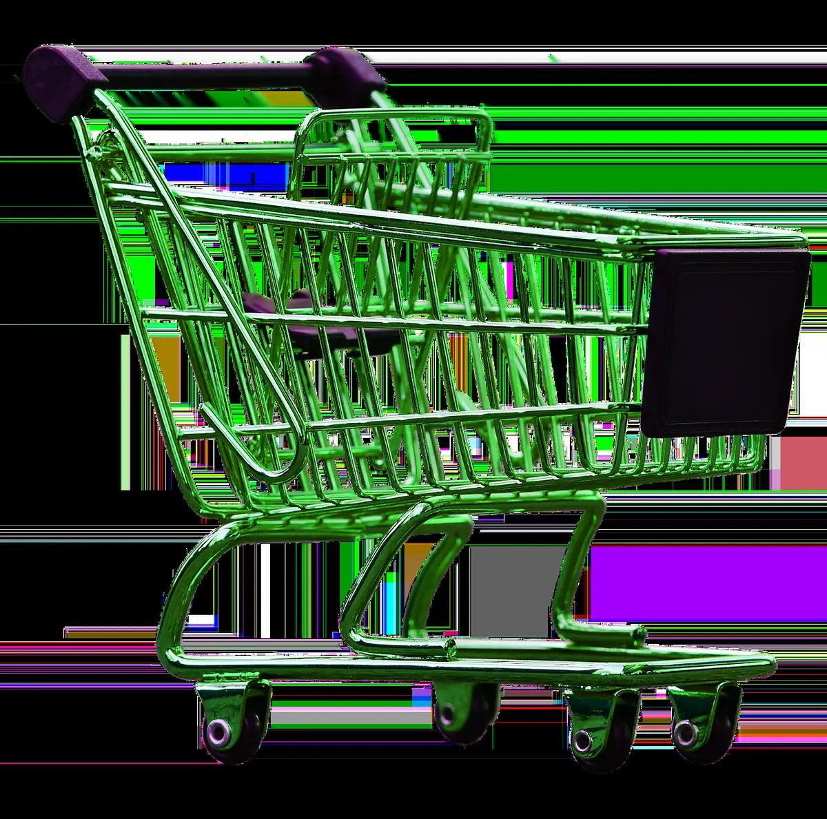 Close shot of an anonymous shopper pushing a partially filled cart down a wide warehouse aisle lined with bulk boxes and price signs; faces not visible