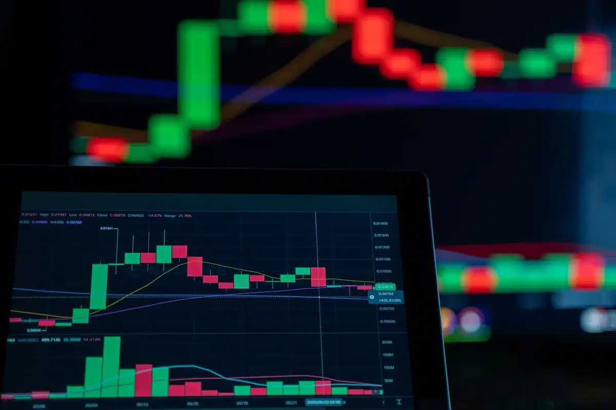 empty trading floor with anonymous monitors showing currency charts, no logos or readable text