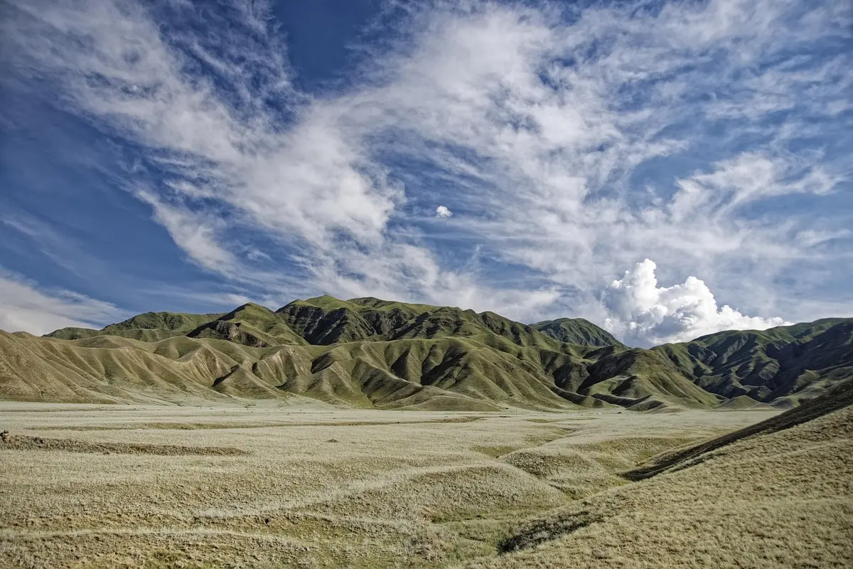 empty hilltop with dry grasses under a gusty wind, a distant line of dark clouds on the horizon, no people or logos