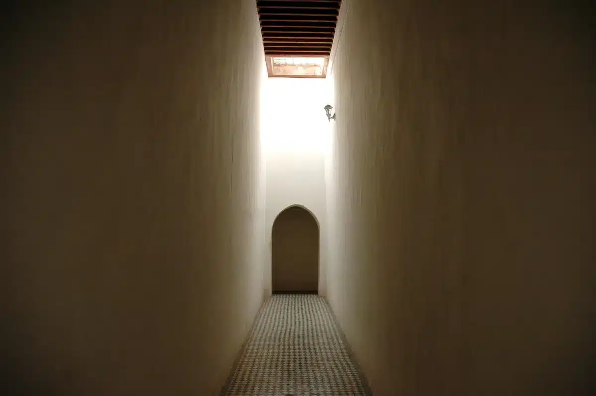 An anonymous silhouette of a lone figure walking past an empty Capitol-style corridor at night, lights casting long shadows
