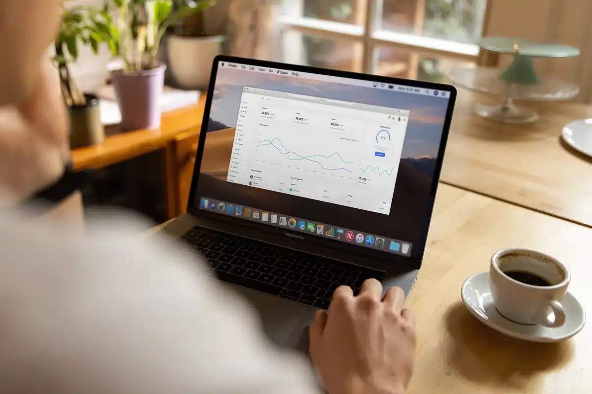 lone laptop on a trading desk displaying an optics sector chart, coffee cup at side