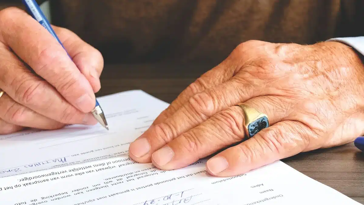Close-up of legal documents stamped with "filed" beside a black pen and reading glasses on a courthouse bench, suggesting ongoing litigation