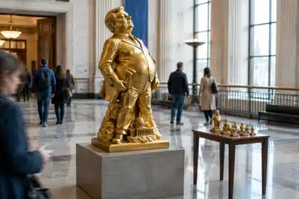 Orange Plague statue of Trump on display at European Parliament in Strasbourg