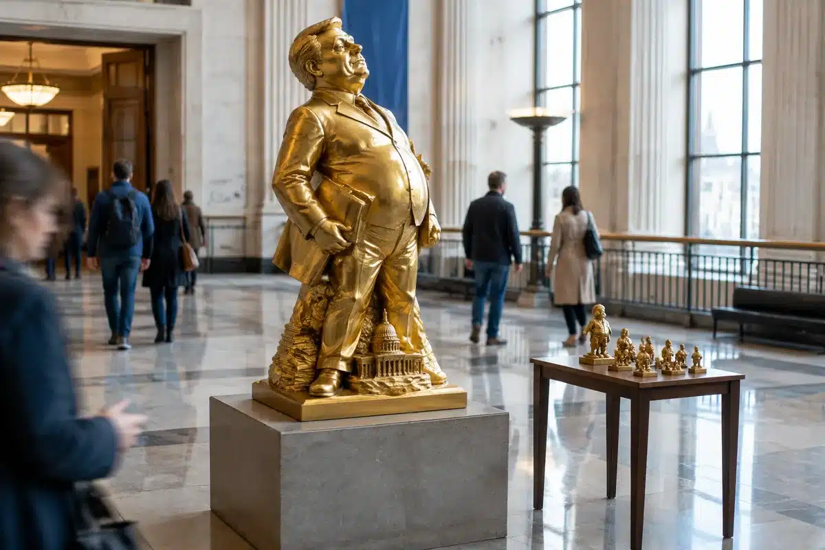 Orange Plague statue of Trump on display at European Parliament in Strasbourg