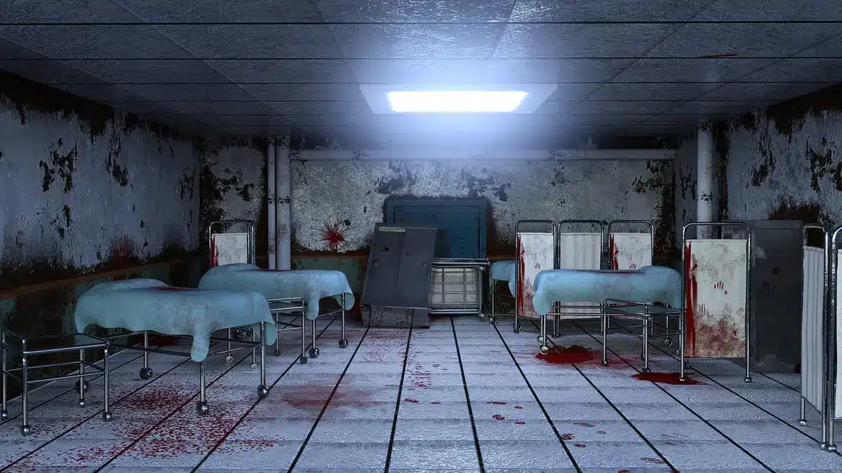 Empty state hospital corridor with folded gurneys and stacked medical carts under fluorescent lights
